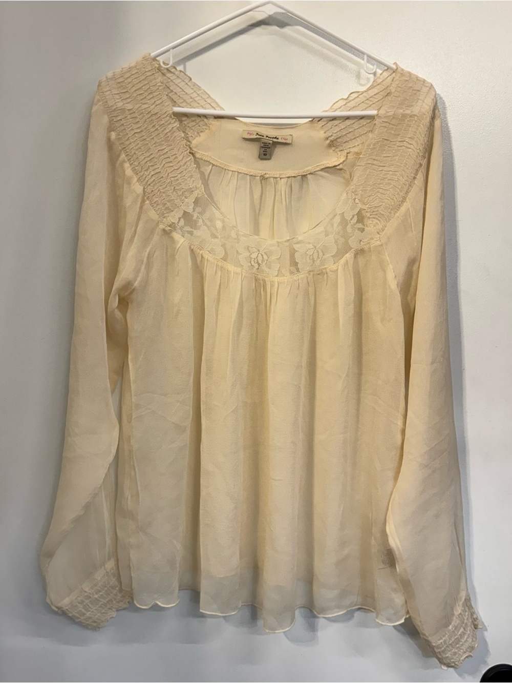 Free People Cream Lace-Trim Smocked Peasant Blouse Sheer Lightweight Layer